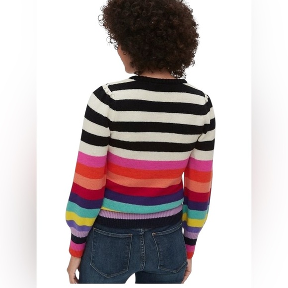 GAP Multicolor Rainbow Crew Neck Sweater Wool Blend Crazy Stripe Puff Sleeve XS - Picture 2 of 9